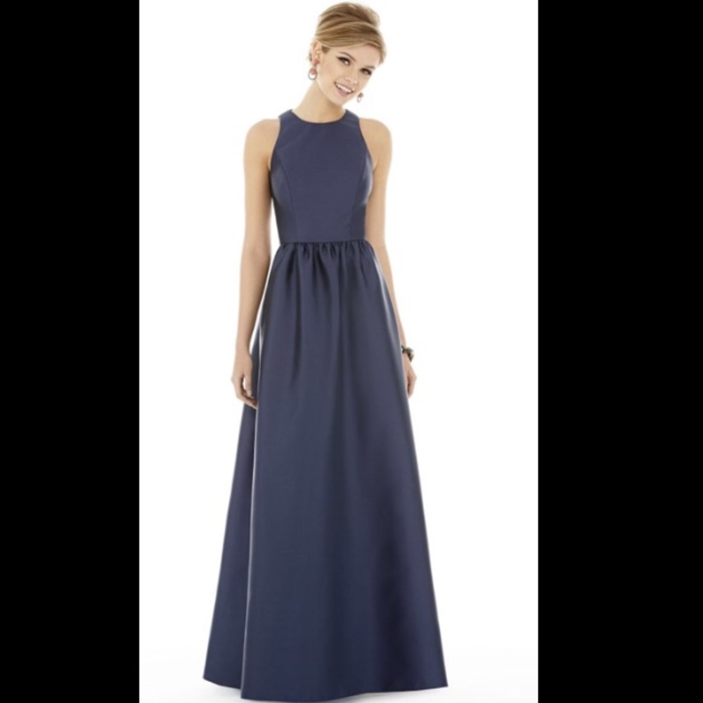 formal alfred sung dresses Alfred Sung D881 Sleek Bateau Satin Bow-Waist Maxi Gown Graceful Bateau  Sheath with Bow detail, Satin twill fabric,